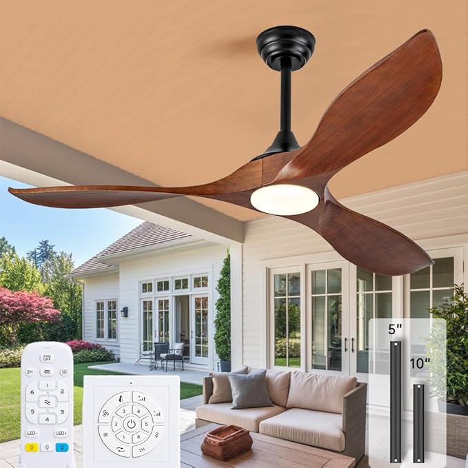 52 Inch Solid Wood Outdoor Ceiling Fans with Lights and Remote,3 Blade Modern Ceiling Fan with Wall Control Switch,Dimmable,Quiet Noiseless DC Motor for Patios,Farmhouse,Living Room,Bedroom