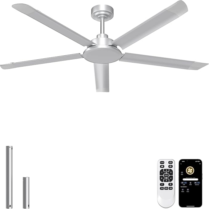 Ohniyou 60'' Industrial Ceiling Fan No Light for Patio, Garage, Silver | 6800 CFM Airflow, 35dB DC Motor, 5 Aluminum Blades, Remote/APP Control, Covered Outdoor Metal Fan