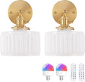 Shenmoyl Vintage Battery Operated Wall Sconce with White Striped Glass Lampshade 5000 mAh Rechargeable Battery Powered Wall Light with Remote Control for Bedside Bedroom Doorway, Set of 2