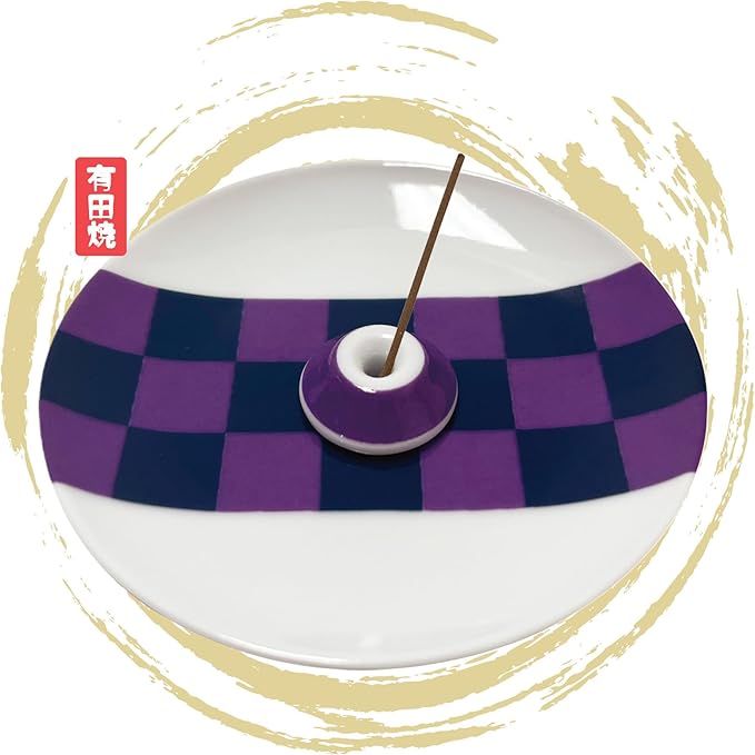 Japanese Arita Ware Incense Plate with Holder - 3.15x0.79 inches, Traditional Wamono Design, Porcelain 小紋柄香皿 (Checkerboard Pattern)