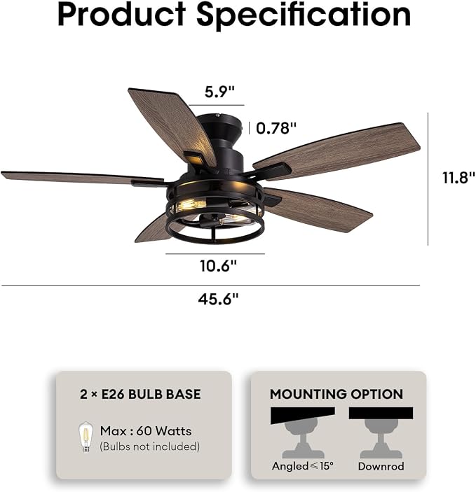 46 Inch Ceiling Fans with Lights and Remote Control, Flush Mount Black Ceiling Fan with Light, Industrial Retro Style, Indoor for Bedroom Living Room 8837X