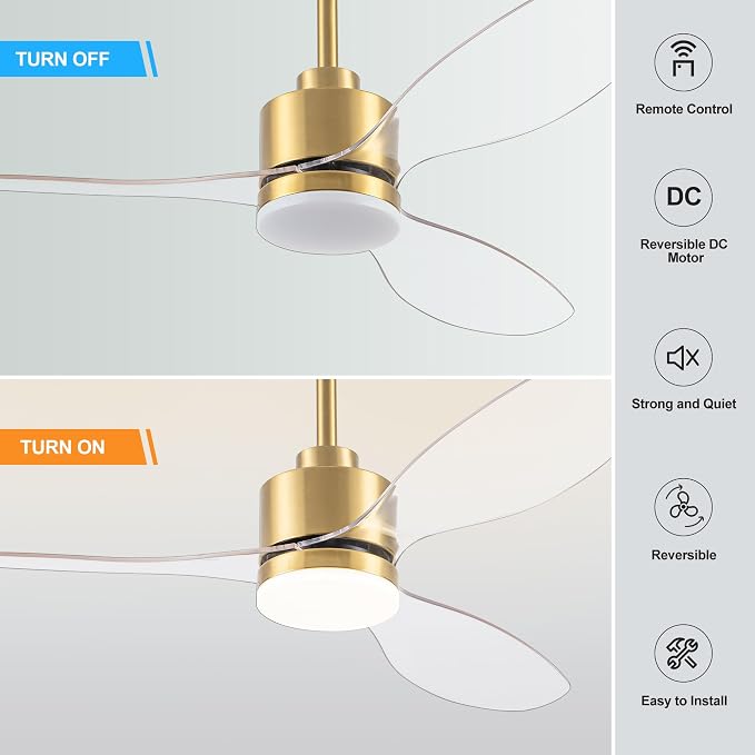 52 Inch Ceiling Fans with LED Light Remote Control, Modern Ceiling Fan with Reversible DC Motor, 3 Blades and 3 Color Temperature, LED Light Chandelier for Bedroom (Gold & 3 Transparent Blades)