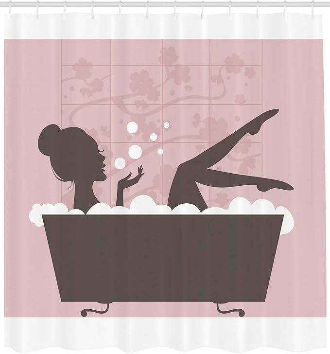 Ambesonne Feminine Shower Curtain, Woman in Bath Tub Spa Treatment Relaxing Concept Vintage Style, Cloth Fabric Bathroom Decor Set with Hooks, 69" W x 84" L, Grey Pink