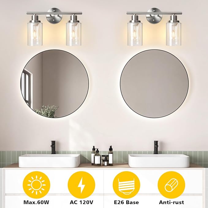 Unicozin 2 Light Vanity Lights, Brushed Nickel Wall Sconce Light with Clear Glass, Bathroom Light Fixtures, Wall Lights for Mirror, Living Room, Bedroom, Hallway, E26 Base (Bulbs Not Included)