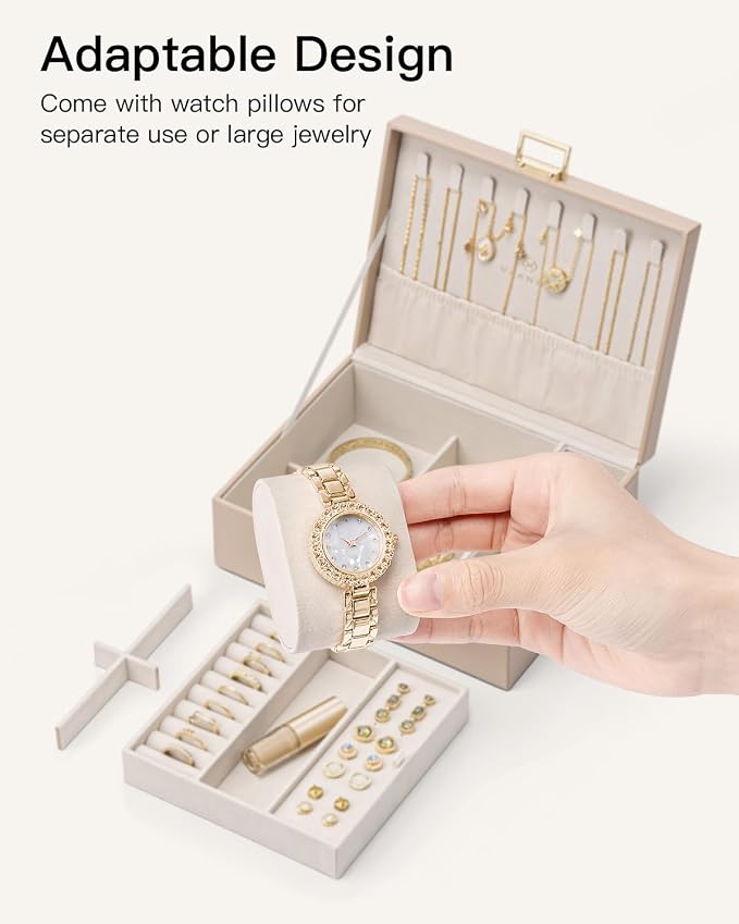 VLANDO Jewelry Organizer,2 Layer Jewelry Box Large Jewelry Organizer for Women Removable Jewelery Tray with Watch Pillow for Necklace Earrings Rings Bracelets (Toffee)