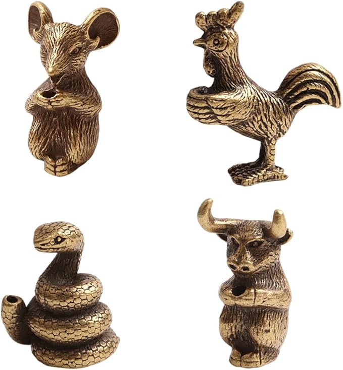 4Pcs Chinese Zodiac Incense Holder Mini Cow, Chicken, Snake and Mouse Animals Stick Alloy Incense Base Home Decoration Accessories Metal Crafts