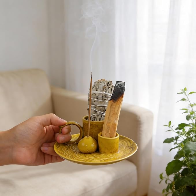 Tnstbiee 4-Inch 5-in-1 Yellow Ceramic Incense Holder | Multi-Use Smudge Tray for Palo Santo, Sage, Incense Sticks & Cones | Ideal for Candles & Meditation | Zen Altar for Yoga & Aromatherapy