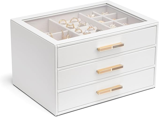 VLANDO 3-Drawer Jewelry Box with Glass Lid, Faux Leather Organizer for Rings Earrings Necklaces and More, Gift-Ready Jewelry Case for Women Girls or Moms, White