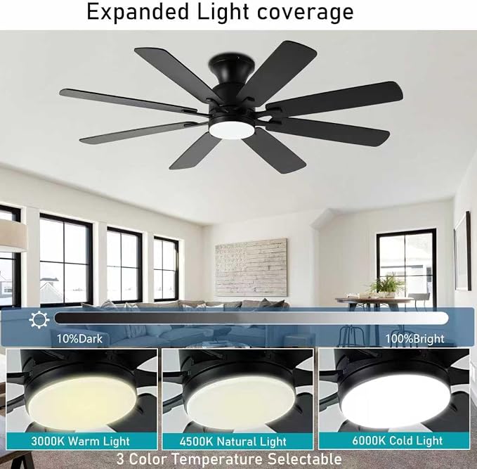 KNUN 52 Inch Ceiling Fan with Light,Low profile Ceiling Fans with Remote Control or App Control, 8 Blades, Noiseless, DC Motor, Flush Mount Ceiling Fan for Bedroom,Living Room, Indoor/Outdoor Black