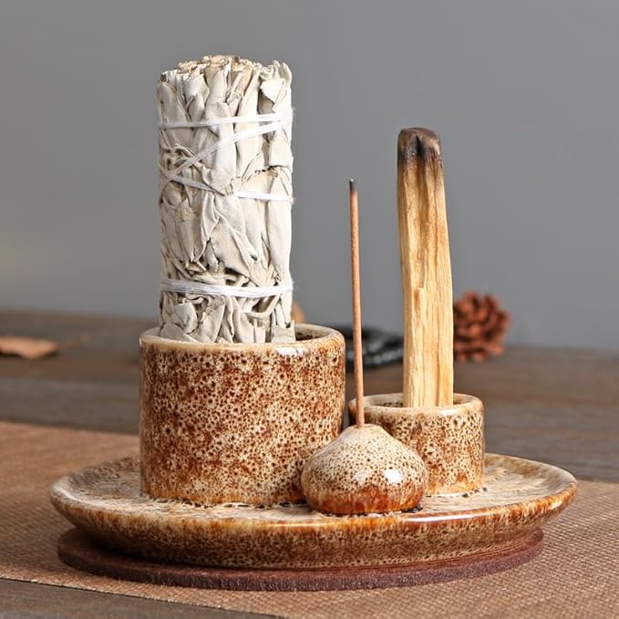 Comeon Ceramic Incense Stick Holder,Home Yoga 3 in 1 Incense Burner Sage Holder for Burning (White Color Leopard Pattern)