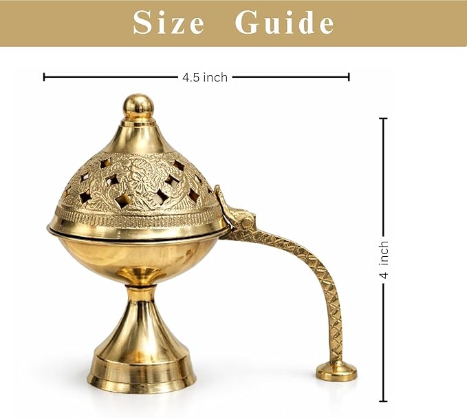 Brass Dhoop Dani with Handle for Puja | Traditional Brass Incense Burner with Dome Lid | Decorative Dhoop Holder for Temple, Home & Spiritual Use | (4.5 X4)