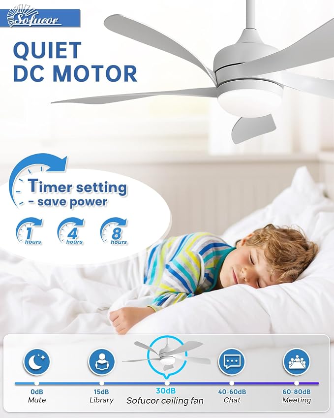 Sofucor 42 Inch Ceiling Fan with Lights and Remote, Indoor/Outdoor Ceiling Fan with Light 6-Speed 3 CCT 3-Timer, Low Profile White Ceiling Fan 5 Blade Quiet DC Motor for Bedroom Living Room Patio