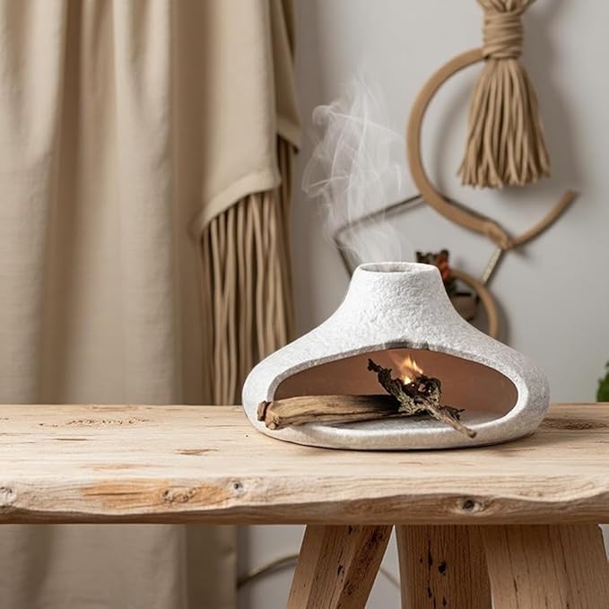 Holder Incense Burner-Mini Ceramic Fireplace,Handmade Smudge,with Chimney,for Sage,Palo Santo,Aromatic Ash Tray for Home Decor, Anxiety Relief & Valentine's Day Meditation Gifts for Women (Off-White)