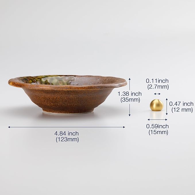 Asayu Japanese Small Incense Holder for Sticks 4.88 inch (124mm), Traditional Made in Japan Ceramic Ash Catcher and Brass Incense Burner Set - Brown