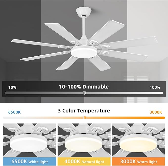 52 Inch Ceiling Fans with Lights and Remote/APP Control, Modern Ceiling Fan with 8 Dual Finish Blades,Quiet Reversible Motor, White Ceiling Fan with RGB Lights for Bedroom,Living Room,Patios