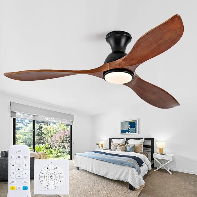 52 Inch Low Profile Ceiling Fans with Lights and Remote, Flush Mount Wood 3 Blade Ceiling Fan,Dimmable,Quiet Noiseless DC Motor for Patios,Living Room,Bedroom(Wall Control Switch)