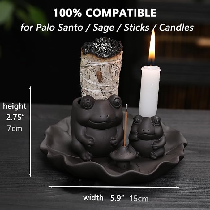 ChangWanna Multifunction 4 in 1 Frog Incense Holder, Palo Santo Holder, Sage Holder, Ceramic Incense Stick Holder for Burning - Cute Ash Catcher Tray for Yoga/Meditation/Home Room Office Decor, Black
