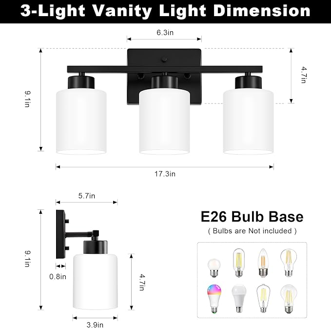 FonmYim Black Bathroom Light Fixtures, 3-Light Modern Vanity Light Over Mirror, Wall Sconces with Milky White Frosted Glass Shades, E26 Socket (Bulbs Not Included)