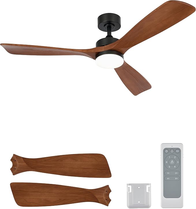 VONLUCE Wood Ceiling Fan with Lights, 52 Inch Ceiling Fans and Remote, 6 Speed Reversible Noiseless DC Motor, 3CCT, Solid Wood Outdoor Ceilings Fan for Patios Farmhouse, Walnut