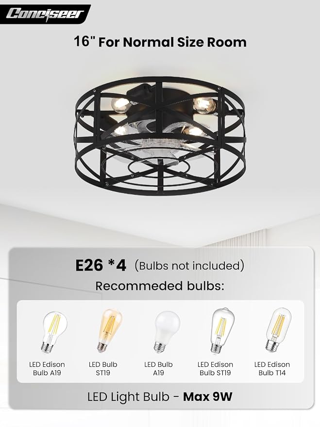 Conciseer 16 Inch Caged Ceiling Fans with Lights and Remote, Flush Mount, Low Profile 7 Blades 6 Speed Reversible Quiet DC Motor for Bedroom, Kitchen and Living Room, Black