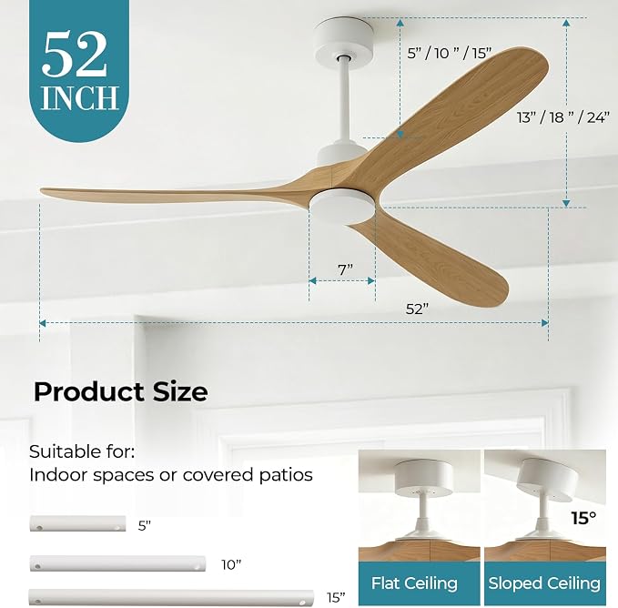 Ceiling Fans with Lights, 52 Inch Wooden Ceiling Fans with App Voice Remote Control, 6 Speed Quiet Fan, Dimmable Light Flush Mount Ceiling Fan for Bedroom Living Room, Natural Wood