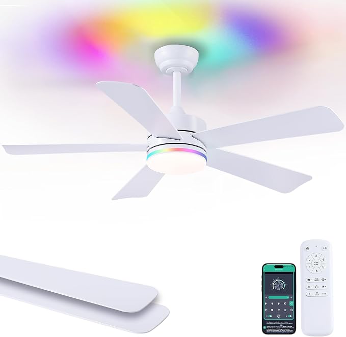 SHIHOT 46" White Modern RGB Ceiling Fans with Lights for Bedroom Kids room | 14 RGB Modes ,Supports Both Remote and APP,6 Wind Speeds, Reversible, Dimmable 3CCT LED Light, 35W Quiet DC Motor,2H Timer