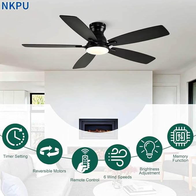 NKPU Ceiling Fans with Lights, Low Profile Ceiling Fan with Light and Remote/APP Control, DC Motor, Noiseless, Flush Mount, 52inch Black Ceiling Fan for Bedroom Indoor/Outdoor Use