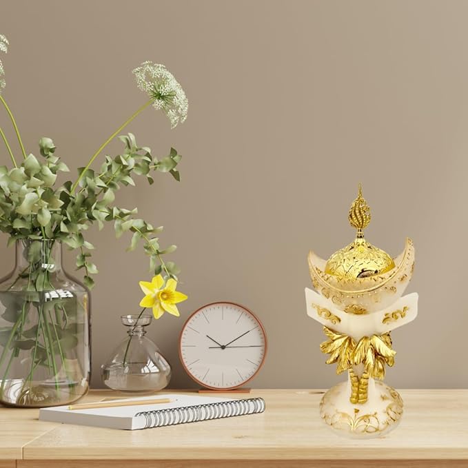 Premium Bakhoor Burner Gold/White – Elegant Decorative Incense Holder for Home & Ramadan Use (Flower Gold)
