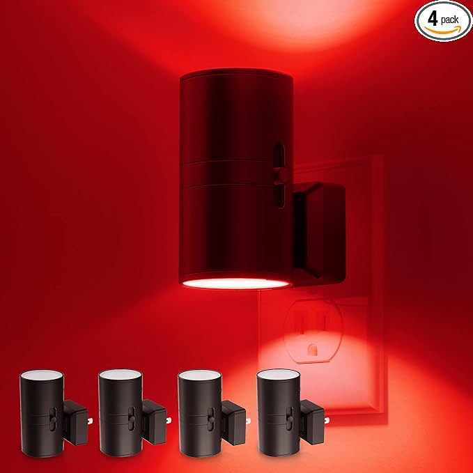 4 X Red Night Light, LOHAS Night Light Plug in with Dusk to Dawn Sensor, 0-100LM, Adjustable Brightness, Sleep Aid Red, Dimmable Night Lights for Home Decor, Bathroom, Hallway, Bedroom, Kids Room