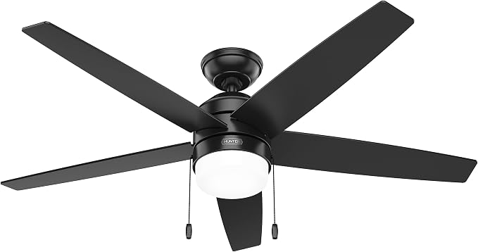 Hunter Bardot, Indoor, Ceiling Fan, Modern, 5 Blades, 52 inch, Matte Black | with LED Light and Pull Chain, Standard Mount, For Bedroom, Living Room, Kitchen, 52491