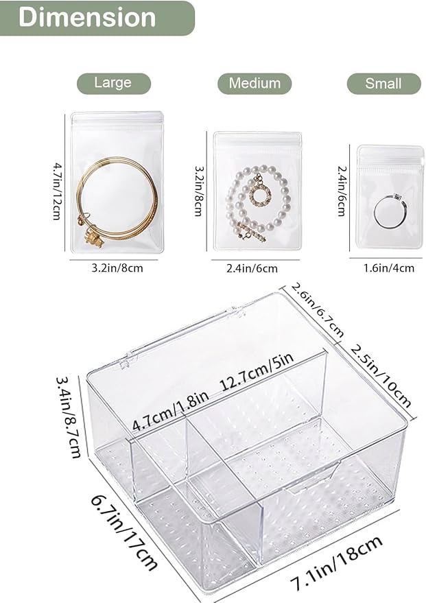 HomePekite 4 In 1 Acrylic Jewelry Organizers and Storage with 60 Portable Anti Tarnish Jewelry Bags, Clear Jewelry Box Organizer, Travel Jewelry Case for Earrings/Rings/Necklaces for Women Girls