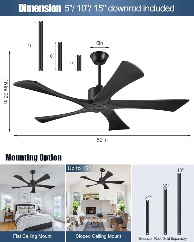 52 Inch Ceiling Fans Without Lights, USA Original Patent Outdoor Ceiling Fan No Light, 5 Wood Blades, ETL Listed, 6 Speeds Quiet DC Motor Modern Fan with Remote for Patios, 52", Matte Black