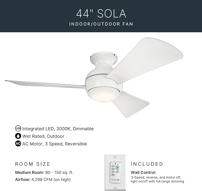 Kichler 330151MWH 44 Inch Sola Ceiling Fan LED, 3 Speed Wall Control Full Function, Matte White Finish with Matte White Blades