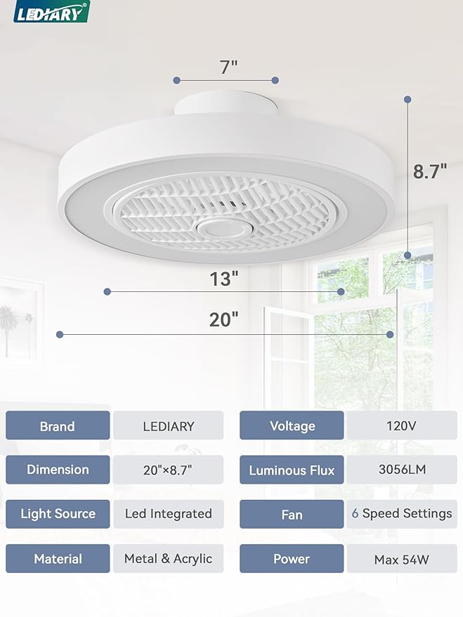 LEDIARY 20 Inch Low Profile Ceiling Fan With Light, Led Bladeless Ceiling Fans, Remote Control Enclosed Flush Mount Ceiling Fan With Timming, 3000-6000K, 6 Wind Speed, 3000LM, 57W-White