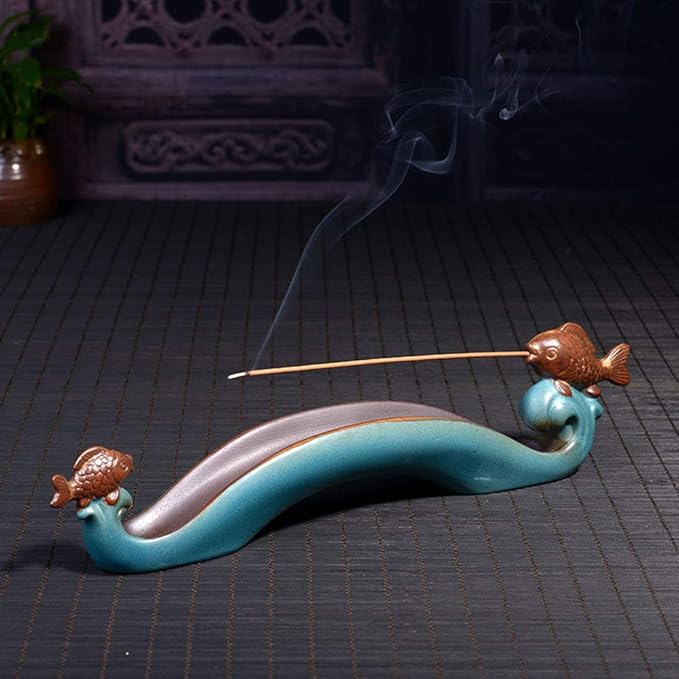 NAGU Cute Incense Holder Fish, Ceramic Incense Stick Holder Double Incense Burner, Funny Long Incense Ash Tray for Home Decoration, Yoga. Meditation, Tea