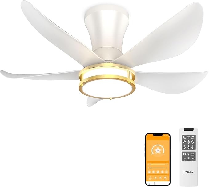 DAMINY 30 Inch White and Gold 5 Blade Ceiling Fan with Light, Modern Ceiling Fan with Remote,Large Airflow,Flush Mount,6CCT,Dimmable,Noiseless,Bedroom
