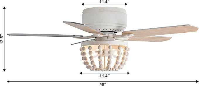Boho Ceiling Fans with Lights, 48 Inch Flush Mounted Ceiling Fan with Remote Control and Wood Beaded Shade, 3 Speeds & Reversible Motor, 5 Double-Sided Blades for Bedroom Living Room