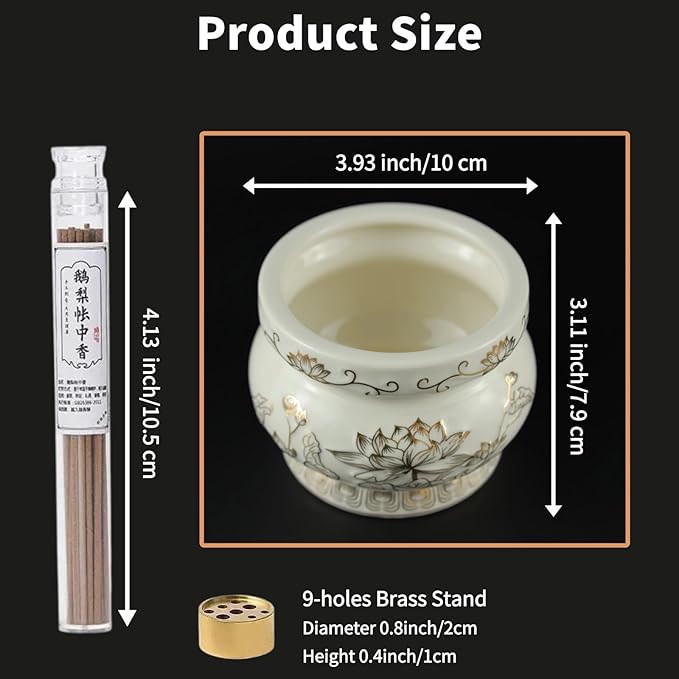Ceramic Incense Burner Pot, Small Incense Bowl with Sticks and Brass Stand, Decorative Lotus Incense Holder Censer for Meditation Praying Buddha 4 Inch
