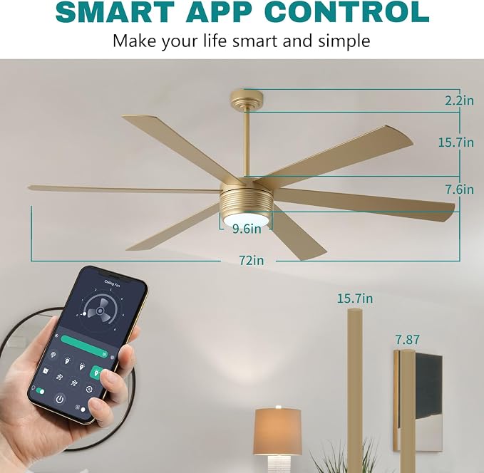 SHOWDI Gold Ceiling Fans with Lights and Remote, Quick Installation, 72 in | 2 Blade Color, Metal Material, App Remote Control, Timer, Reversible, 3CCT, Dimmable for Bedroom, Living room, Indoor