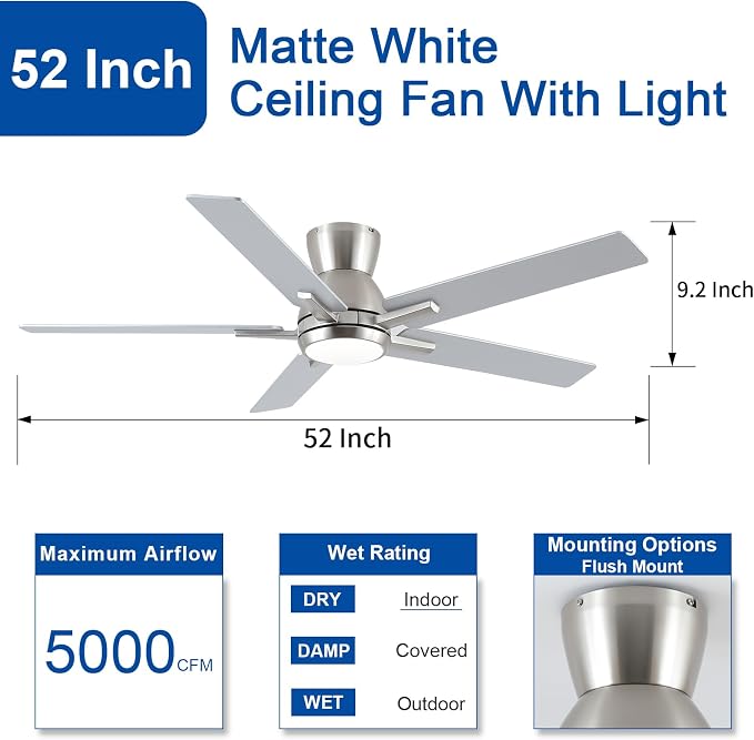 52'' Brushed Nickel Flush Mount Ceiling Fan with Light & Remote, ETL Listed | 6 Speed, Quiet DC Motor, 3-Level Timer Function, 3 Color Temperature, Forward/Reserve For all Seasons, Indoor/Covered Outdoor