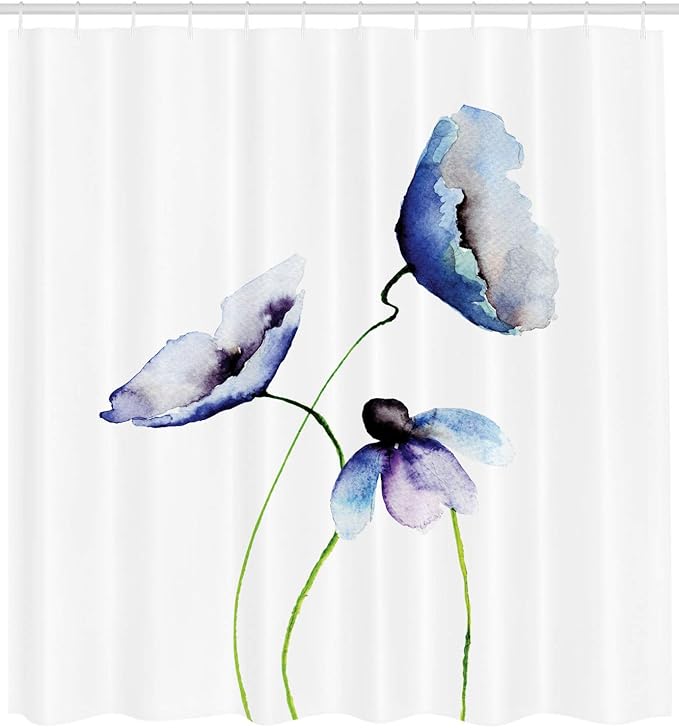 Ambesonne Watercolor Flower Shower Curtain, Abstract Poppies Blossoms Simple Composition Picture, Cloth Fabric Bathroom Decor Set with Hooks, 69" W x 70" L, Blue and Green