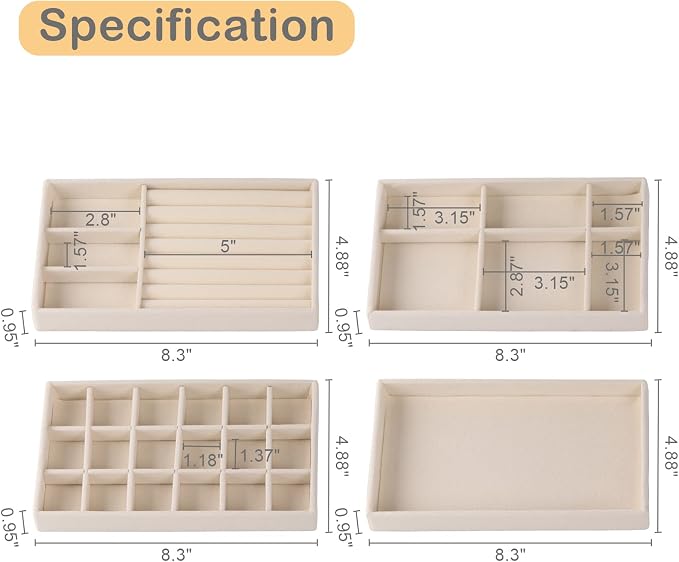 4-Set Jewelry Organizer for Drawer, Stackable Velvet Jewelry Trays with Removable Dividers, Earring and Necklace Holder for Dresser, Perfect as a Vanity Tray for Women