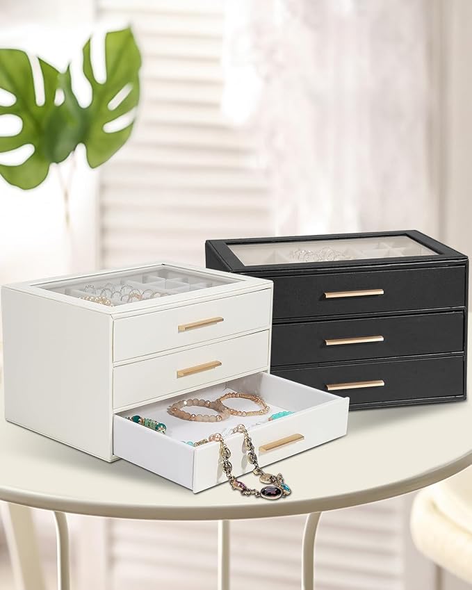 GUOER Jewelry Box for Women, Glass Lid Jewelry Organizer with 3 Drawers PU Jewelry Storage Case for Necklaces Rings Earrings Bracelets (Pink)