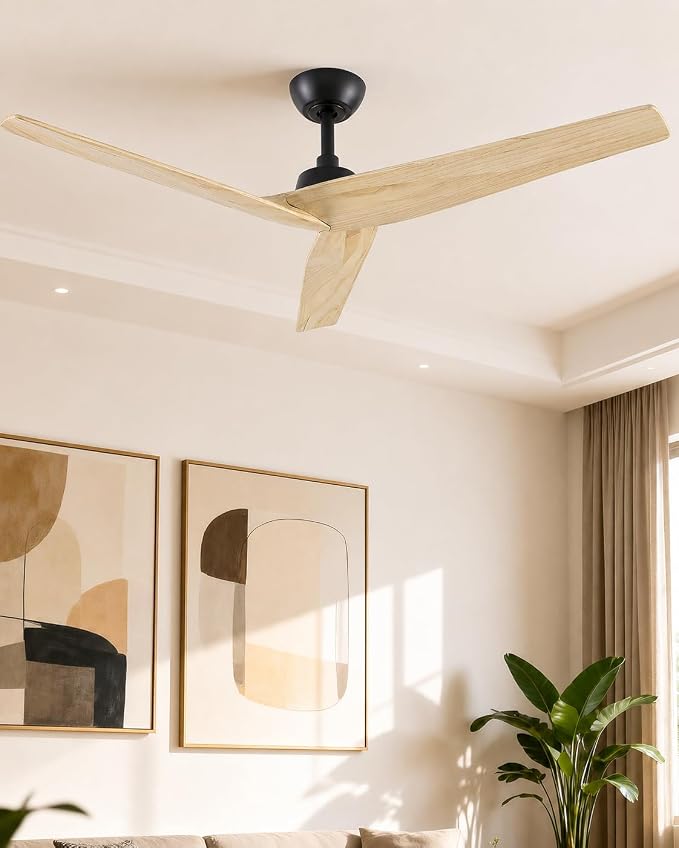 Skylike 52in Modern Wood Ceiling Fan No Light with Remote for Bedroom-Light | Real Wood Blades, Quiet DC Motor,Reversible,Beep-Off Function,6 Speeds,3 Timers,6" downrod,Indoor and Outdoor