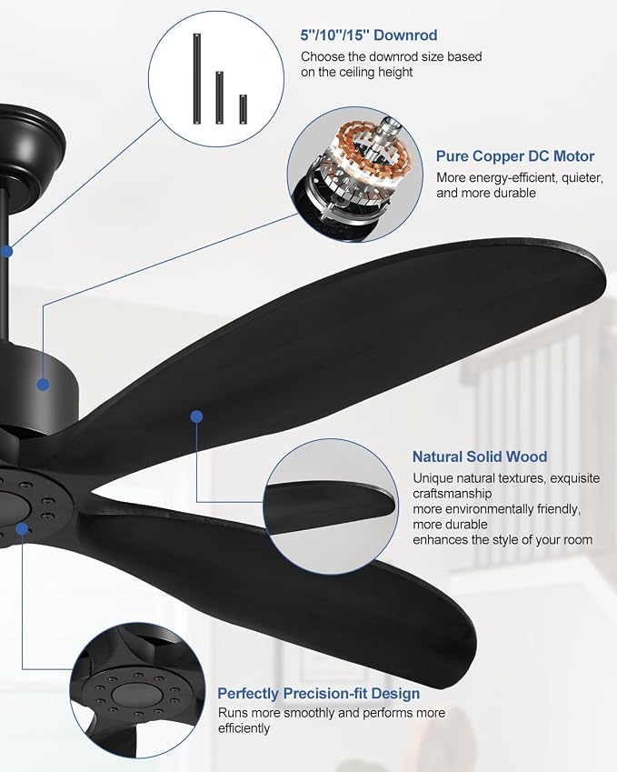 52" Ceiling Fan Without Lights 5 Blades Ceiling Fans with Remote Black | Ceiling Fan Without Lights for Patios Indoor, ETL Listed, Timer, 6 Speeds, 3 Color, Reversible Quiet DC Motor, Under 25dB