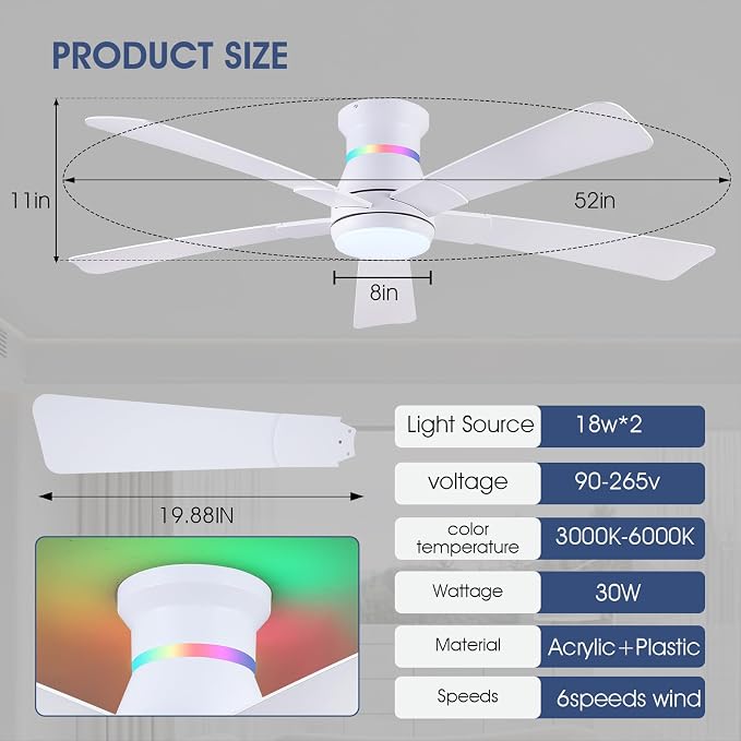 Surtime 52" White Ceiling Fans with RGB Lights - Flush Mount Ceiling Fan Light with LED 3CCT Dimmable, Modern Low Profile Ceiling Fans for Indoor Party,Covered Outdoor