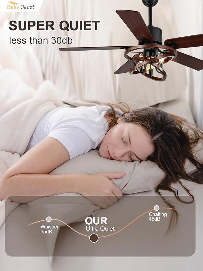 Bella Depot 52 Inch Farmhouse Ceiling Fan Chandelier with LED Light, 6-Speed, Reversible, Timer, Remote Control for Large Living Room, Covered Patio