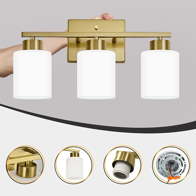 FonmYim Brushed Gold Bathroom Light Fixtures, 3-Light Modern Vanity Light Over Mirror, Wall Sconces with Milky White Frosted Glass Shades, E26 Socket (Bulbs Not Included)