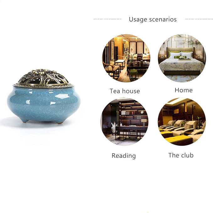Ceramic Incense Burner, Ceramic Incense Burner with Lid, Cone Incense Burner, Cone Coil Incense Holder for Home Decor Yoga Spa Meditation(Blue)