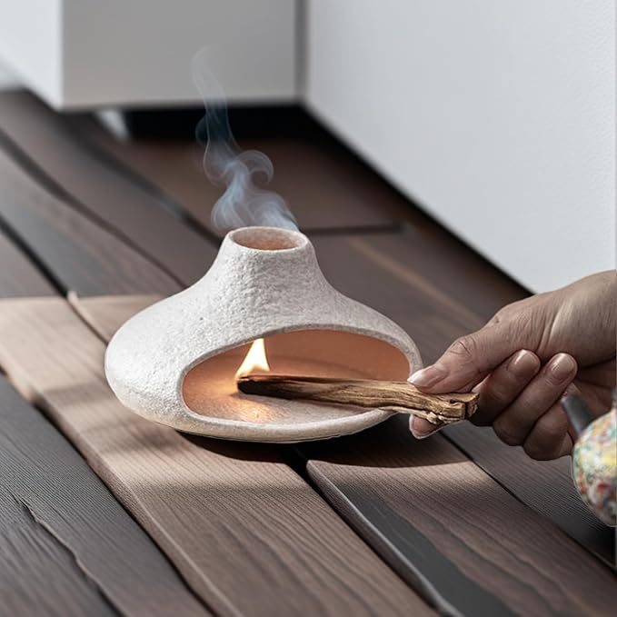 Holder Incense Burner-Mini Ceramic Fireplace,Handmade Smudge,with Chimney,for Sage,Palo Santo,Aromatic Ash Tray for Home Decor, Anxiety Relief & Valentine's Day Meditation Gifts for Women (Off-White)